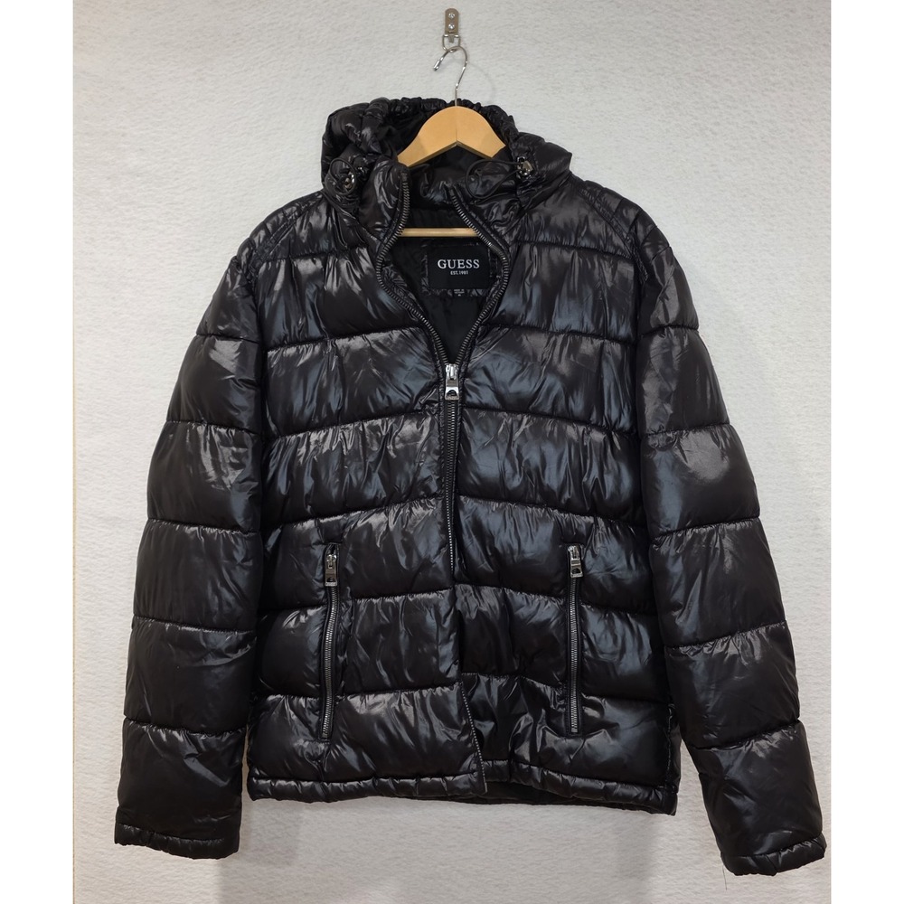 Guess Men's Black Shiny Puffer Jacket Hooded Medium Modern Trendy